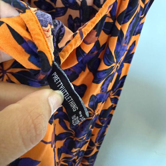 PrettyLittleThing Orange Shadow Leaf Maxi Dress Size 4 Oversized Low Back Beach - Picture 6 of 10